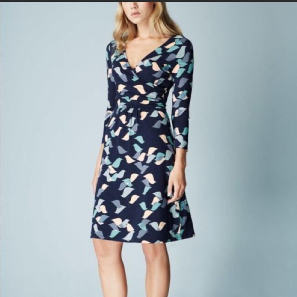 Boden Elena Fixed Wrap Dress Blue Printed Birds 8L
